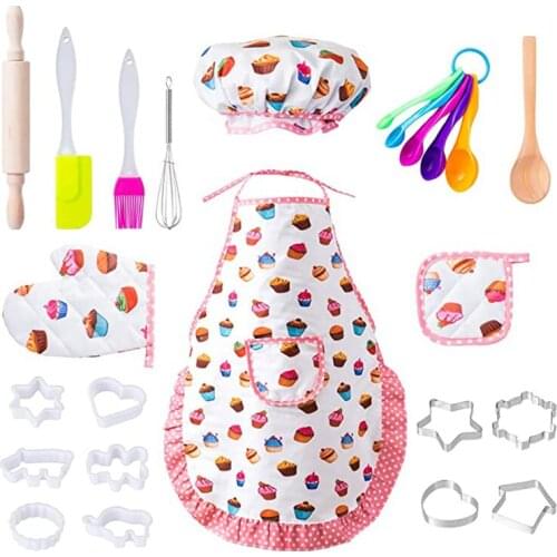 20pcs Mini Cooking Game Set Kids' Chef Imitation Game Utensil Cookie Cutter with Apron Hat for Birthday Party JA55