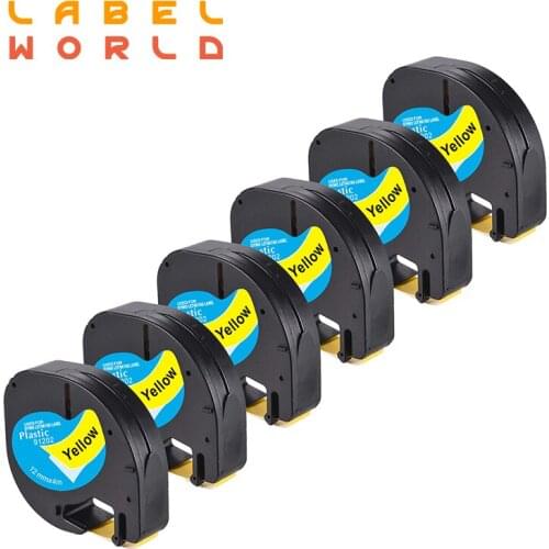 6 PACK Label World LT91202 Compatible for Dymo LT 12mm*4m Black on Yellow Plastic Label Tapes LT91201 for LT-100H