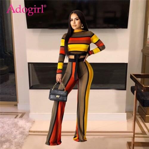 Adogirl Colorful Stripe Casual Two Piece Set O Neck Long Sleeve Bow Tie Crop Top Wide Leg Pants 2019 Autumn Women Fashion Suits
