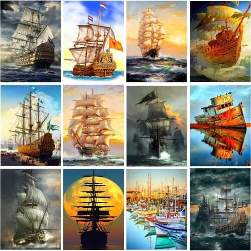 Diamond Painting Boat Cross Stitch Kit Diamond Embroidery Landscape Ship Sailing Sea Diamond Mosaic Full Square Drill Sale Gift