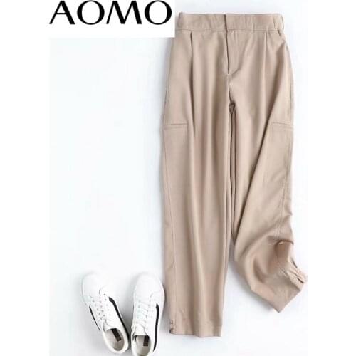 AOMO Fashion Women High Quality Khaki Suit Pants Trousers Side Pockets Buttons Office Lady Pants Pantalon 4C31A