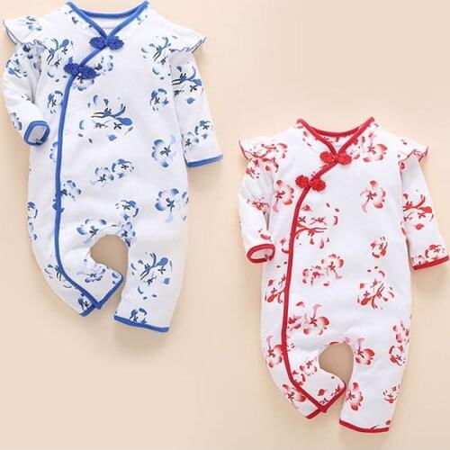 Neonate baby cotton clothes girl long sleeve flower jumpsuit Chinese style