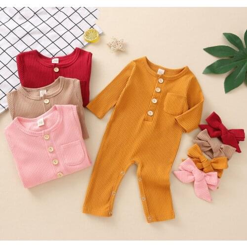 Newborn Infant Baby Boys Girls Solid Romper Cotton Knitted Ribbed Long Sleeve Jumpsuit +Headband 2pcsToddler Clothes Outfits
