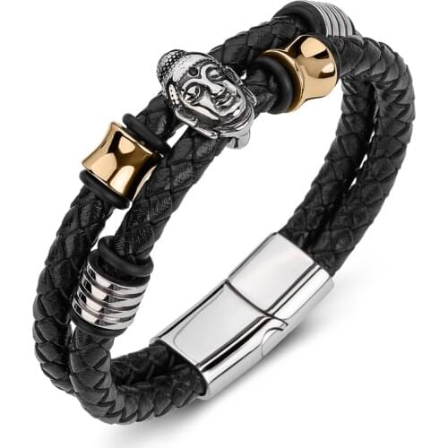 Fashion Men Bracelets Genuine Leather Bangle Stainless Steel Buddhism Buddha Statue Wristband Punk Jewelry P191