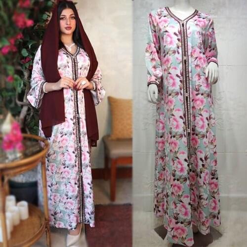 Muslim Clothes Fashion Long Dress for Women Ribbon Loose Plus Size Pink Floral Maxi Dresses Hijab Arabic Dubai Robe Middle East