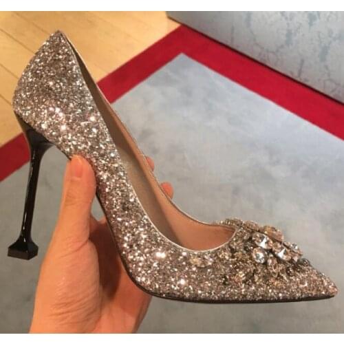 Carpaton Newest Pointed Toe High Heel Shoes Crystal Embellished Thin Heels Wedding Shoes Woman Slip on Stiletto Heels Silver