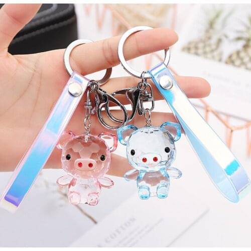 Couples Cartoon Acrylic PU Leather Keychain Crystal Pig Pendant Car Bag Key Ring For Family Children Women Gift Keyring Gift