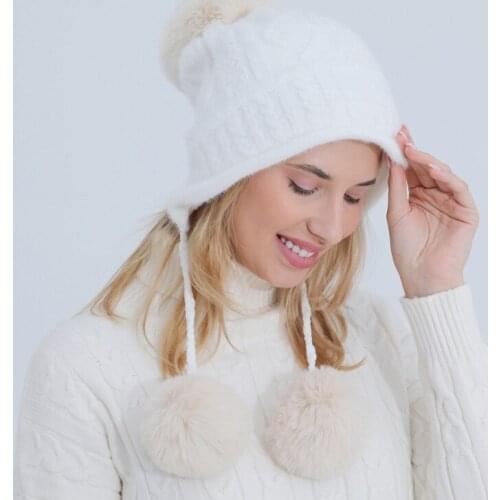 Winter Plush Lining Beanie Hat Women Cute Pompom Ball Earflap Trapper Cap Thick Cable Knit Chenille Solid Color Fuzzy Ear Warmer