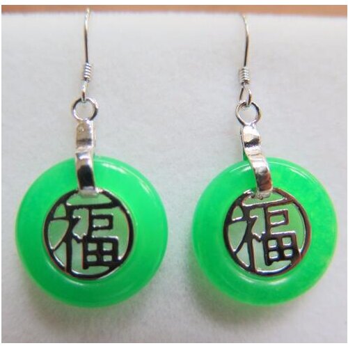 925 Sterling Silver with Heating Circle Green Jade Drop Earrings