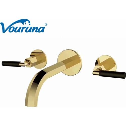 VOURUNA Contemporary Dual Handles Rose Golden Bathroom Taps Chrome Finish In Wall Mount Bathroom Faucet