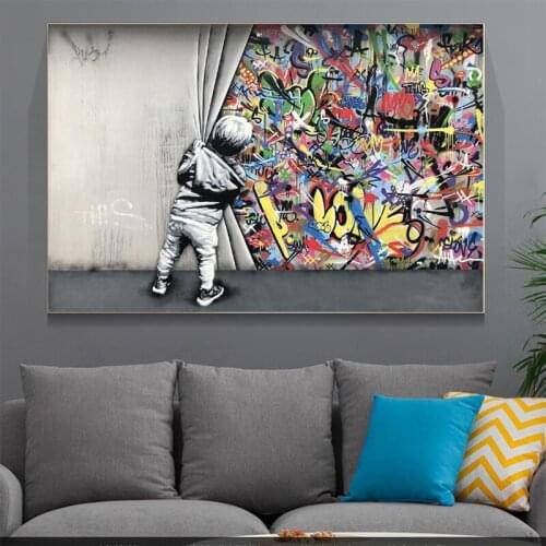 Modern Canvas Painting Kids Lover Behind The Curtain Poster and Print Wall Street Art Picture for Living Room Home Decor Cuadros