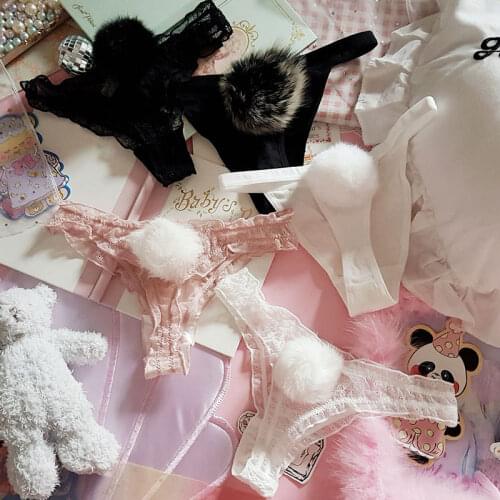 Cute Sexy Panty Rabbit Hair ball Rabbit Tail Underpants Cotton Lace Thong Lolita Girl Student G-string Kawaii Low Waist Panties