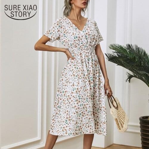 V Neck Vintage Printing White Party Dresses 2021 Summer Floral Beach Dress New Plus Size Midi Dress 7-color Vestidos 14872
