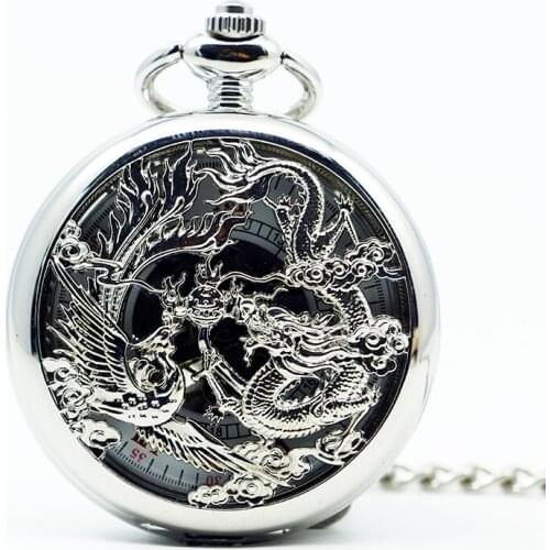 5Pcs/lot Vintage Chinses Dragon&Phoenix Pendant Silver Pocket&Fob Watch Mechanical Hand Wind Gift For Men Women PJX1266