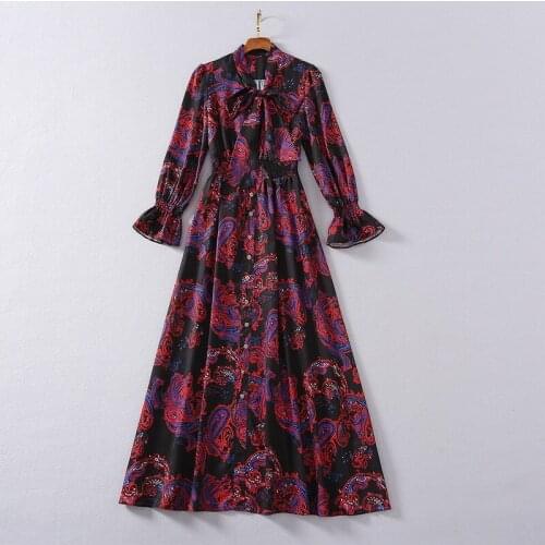 European and American Womens Wear 2020 Winter New Style Horn Sleeve Long Sleeve Bow Collar Printed Fashionable Dress