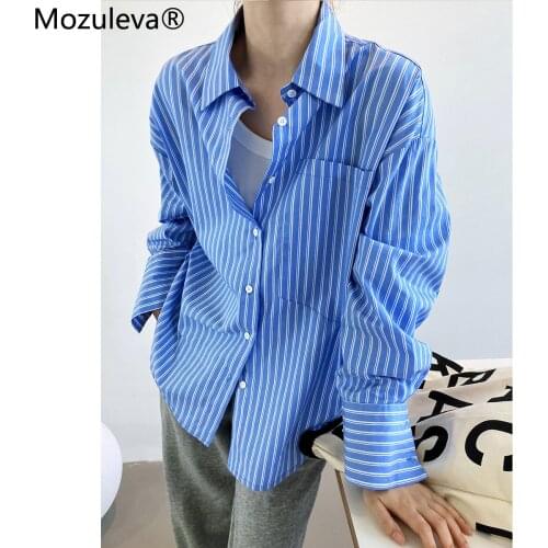 Mozuleva 2021 Autumn Korean Chic Female Loose Striped Shirts Tops Casual Lapel Oversized Lace Up Women Cotton Blouse Shirts