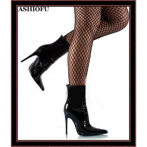 ASHIOFU Handmade Womens High Heel Boots Patent Leather Thin-heel Party Prom Ankle Boots Evening Dance Fashion Short Boots Shoes
