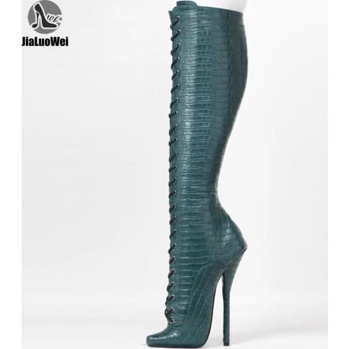 Sexy Ballet Boots 7" High Heel Stiletto Pointed toe Lace-up Crocodile Pattern Knee-High Boots Size 36-46