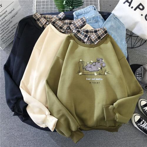 Winter Casual Women Hooded Sweatshirt Letter The Little Girl Print Harajuku Loose Thick Plaid Turn-down Collar Pullover Female