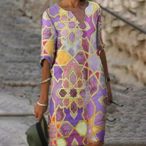 Women V Neck Half Sleeve Slimming Dress Summer Ladies Print Fashion Elegant Dress Pullover Beach Boho Dress Street Wear
