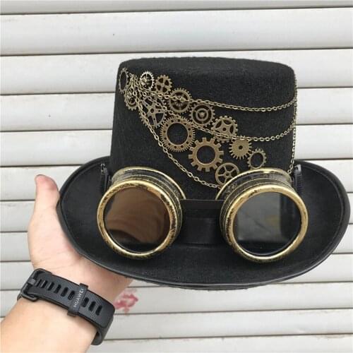 2019 Unisex Men Women Retro Handmade Steampunk Top Hat With Gear Glasses Stage Magic Hat Party Hat Cosplay Hat Size 57CM