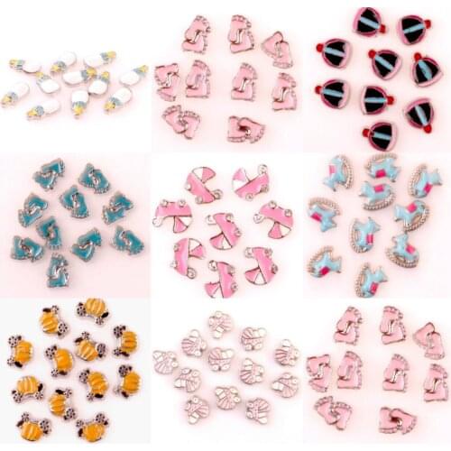 40Pcs/lot Enamel Pink Baby Carriage Floating Charms Baby FootprintsFit Living Glass Floating Locket Mothers day Gift Jewelry