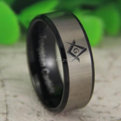 Free Shipping USA UK CANADA RUSSIA Brazil Hot Selling 8MM Black Beveled Freemason Masonic Mason New Mens Tungsten Wedding Ring