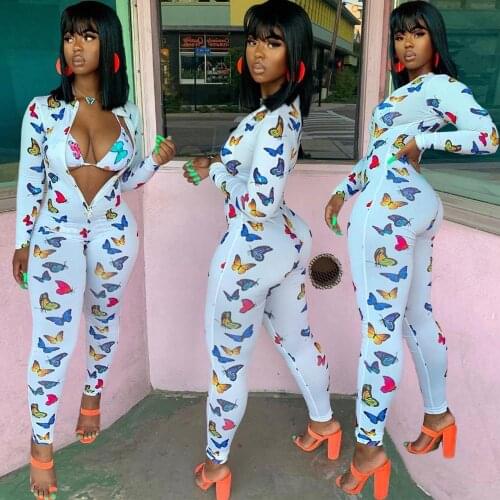 BKLD Long Sleeve Zipper Bodycon Jumpsuit Sexy 2020 Autumn New Women Fashion Butterfly Print Jumpsuit Party Clubwear Outfits