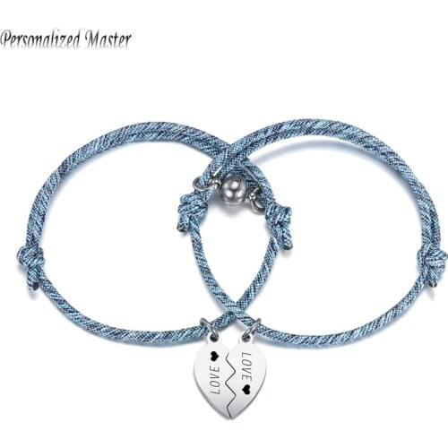 Personalized Master Custom Puzzle Heart Stainless Steel Bracelet Magnet Attracting Ball Adjustable Rope Couple Friends Bracelet