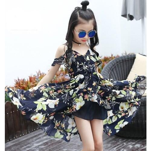 Kids Dresses For Girls Summer Chiffon Long Beach Dress Off Shoulder Floral Print Girls Bohemian Dress Girls Sundress