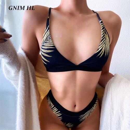 GNIM Sexy Triangle Bikini Swimwear Women 2020 Summer Print High Waist Swimsuit Push Up Tree leaf Swim Bathing Suit Two Pieces