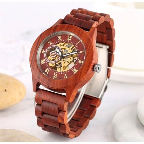 Brown/Red Full Wooden Men Watch Mechanical Self-Winding Wood Wristwatch Luxury Roman Numerals Display Male Automatic Timepiece