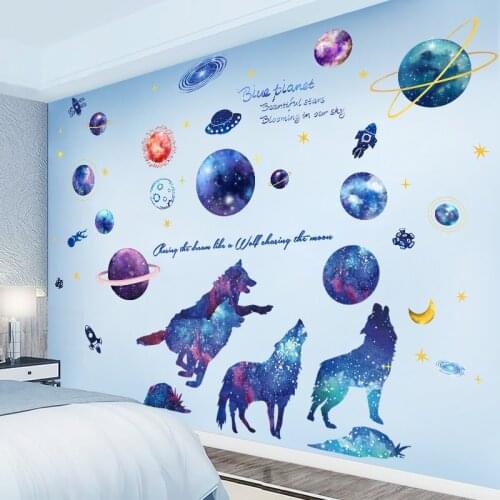 Outer Space Planets Wall Stickers DIY Wolf Animals Wall Decals for Kids Rooms Baby Bedroom Home Decoration
