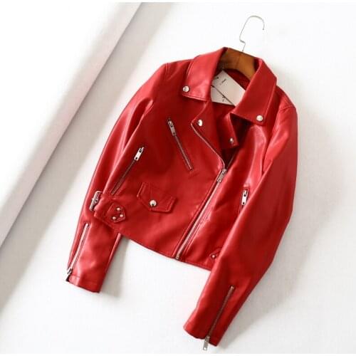 Spring Autumn 2021 Faux Pu Leather Jacket Women Slim Zipper Black Red Green Streetwear Punk Coats Ladies Motorcycle Biker Jacket
