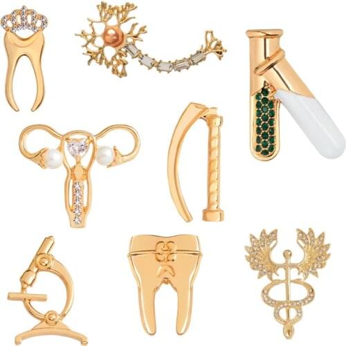Medical Jewelry Tooth Microscope Laryngoscope Womens womb Test Tubes Neuron RN Caduceus Brooch Pin Metal Badges Brooches Pins