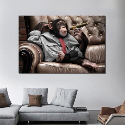 Male Chimpanzee in Business Clothes Smoking Poster Canvas Painting Print Wall Art Pictures for Living Room Home Decorative