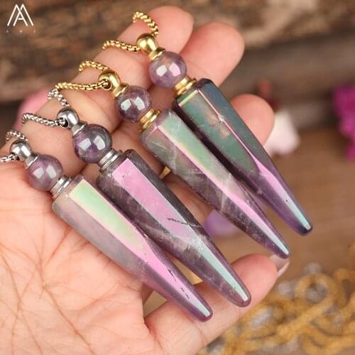 Natural AB Rainbow Amethysts Quartz Tusk Point Perfume Bottle Pendant Necklace Women Quartz Stone Essential Oil Gold Necklace