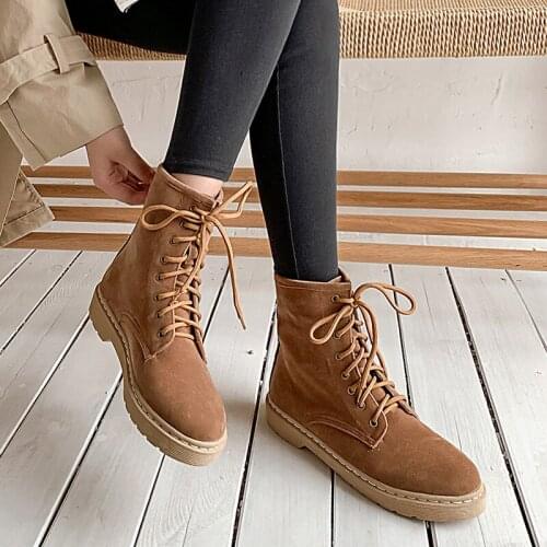 YMECHIC 2019 New Platform Chunky Heel Lace Up Suede Womens Boots Ankle Winter Shoes Black Biker Military Combat Boots Plus Size