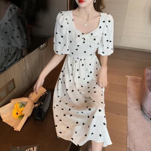 2021The New Short sleeve summer Love print Beach sweet dresses Casual Square collar floral maxidress