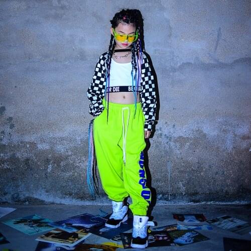 New Jazz Dance Performance Costumes Plaid Top Fluorescent Green Pants Suit Girls Hip Hop Modern Dance Stage Rave Clothes DQS7280