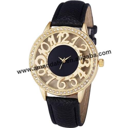 Wholesale women howllow out number gold case watch quartz casual elegance style rhinestone wrist watch