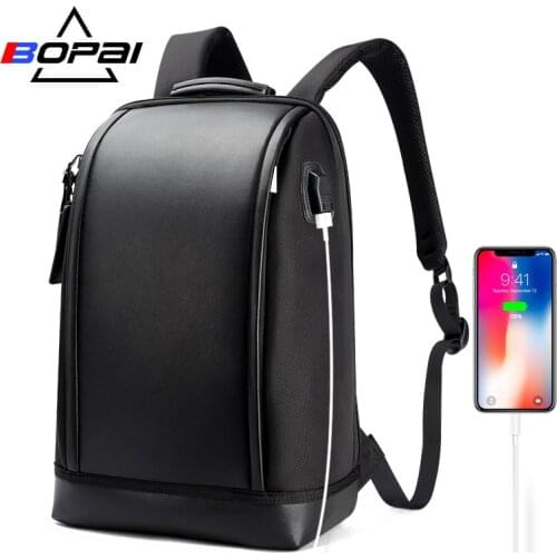 BOPAI Shell Shape Business Mens Office Work Backpack USB Charge Cool Male Leather Daypack Backpack Mens Shoulder Bags for Work