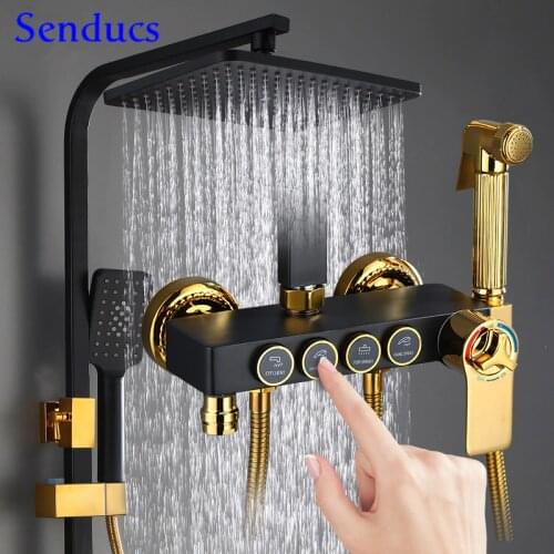 Thermostatic Shower Set Senducs Black Gold Bathroom Shower Faucet 8 Inch Rainfall Shower Head Black Gold Bath Shower Set
