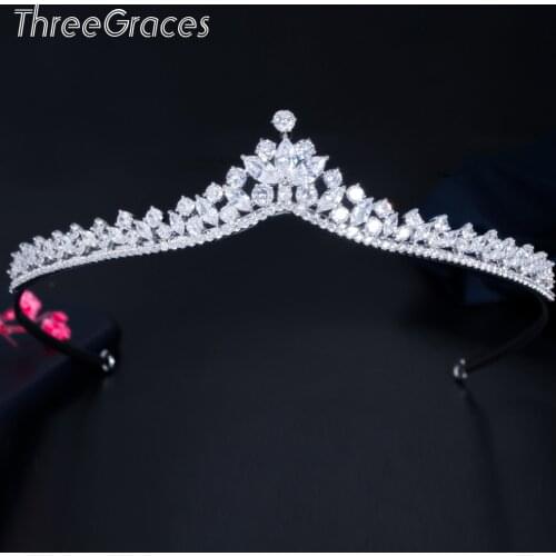 ThreeGraces Unique Marquise Cut Cubic Zirconia Wedding Queen Crowns Tiaras Jewelry for Brides Banquet Hair Accessories HA025