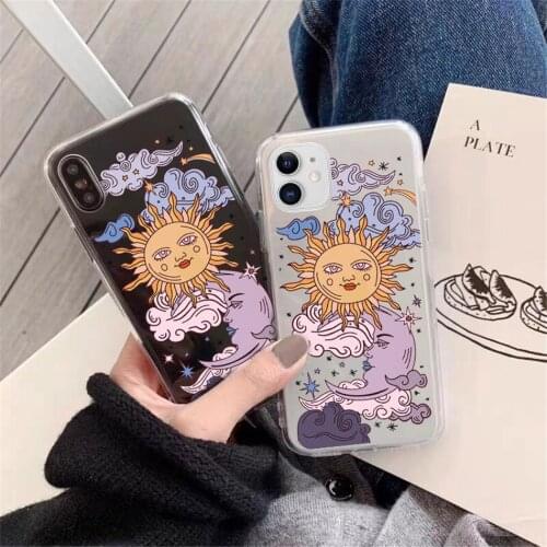 Vintage Sun Painting Phone Case For iPhone 11 Pro Max 12 7 8 Plus XS Max X XR 12 Mini SE 2020 Transparent Cartoon Silicone Cover