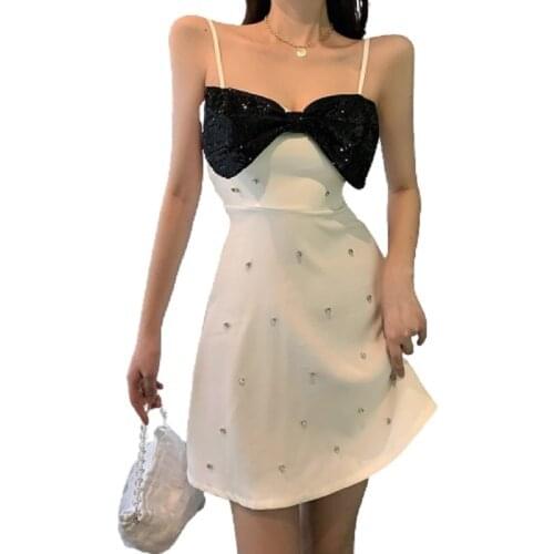 PERHAPS U Summer Sweet Sexy Spliced Color Contrast Diamond Sequins Bowknot Sleeveless Strap Dress Bodycon Mini Party Dress D3037