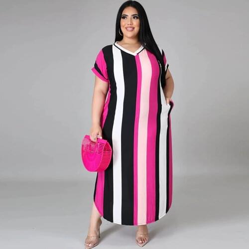 XL-5XL Plus Size Loose Womens Dress Summer Vacation Casual Stripe Print V Neck Short Sleeve Dress Elegant Female Long Dresses