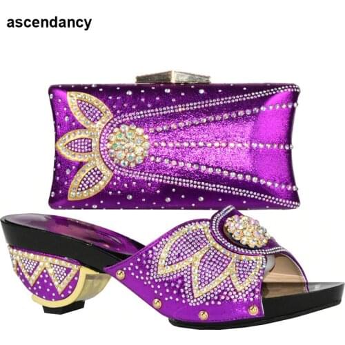 Latest Purple Color Matching Shoes and Bag Set Deorated with Rhinestone Nigerian Shoes and Bag Set for Women Italy Shoes and Bag