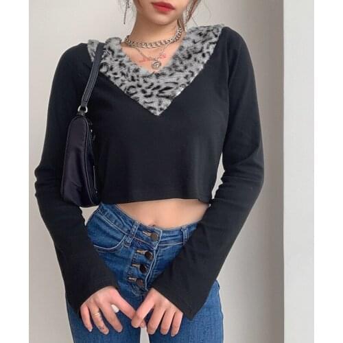SEASONS Furry Collar V Neck Black Cropped Tshirt Women Autumn Split Long Sleeve Tee Shirt Femme Casual T-shirt Ladies ASTS82263
