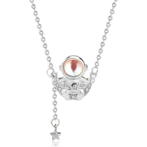 Trendy S925 Sterling Silver Astronaut Necklace Woman Personality Design Moon Spaceman Moonstone Pendant